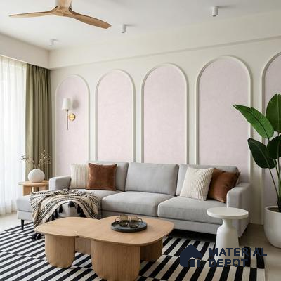 Scandinavian living room with light wood coffee table, pastel wall panels, and striped rug