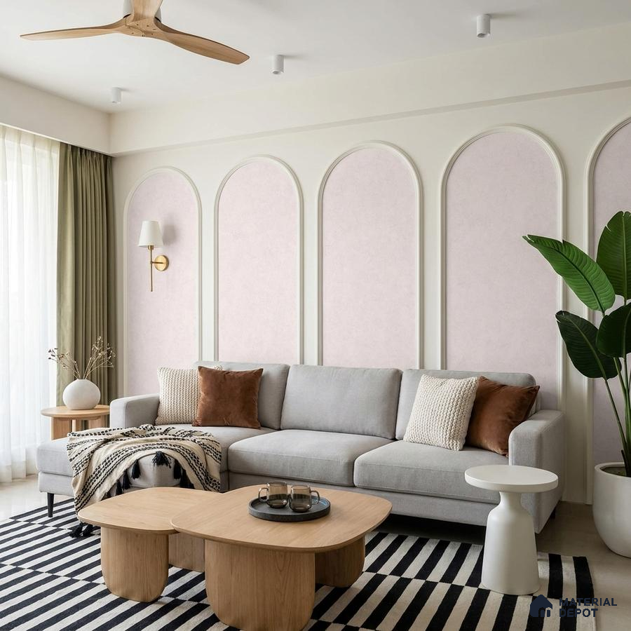 Scandinavian living room with light wood coffee table, pastel wall panels, and striped rug