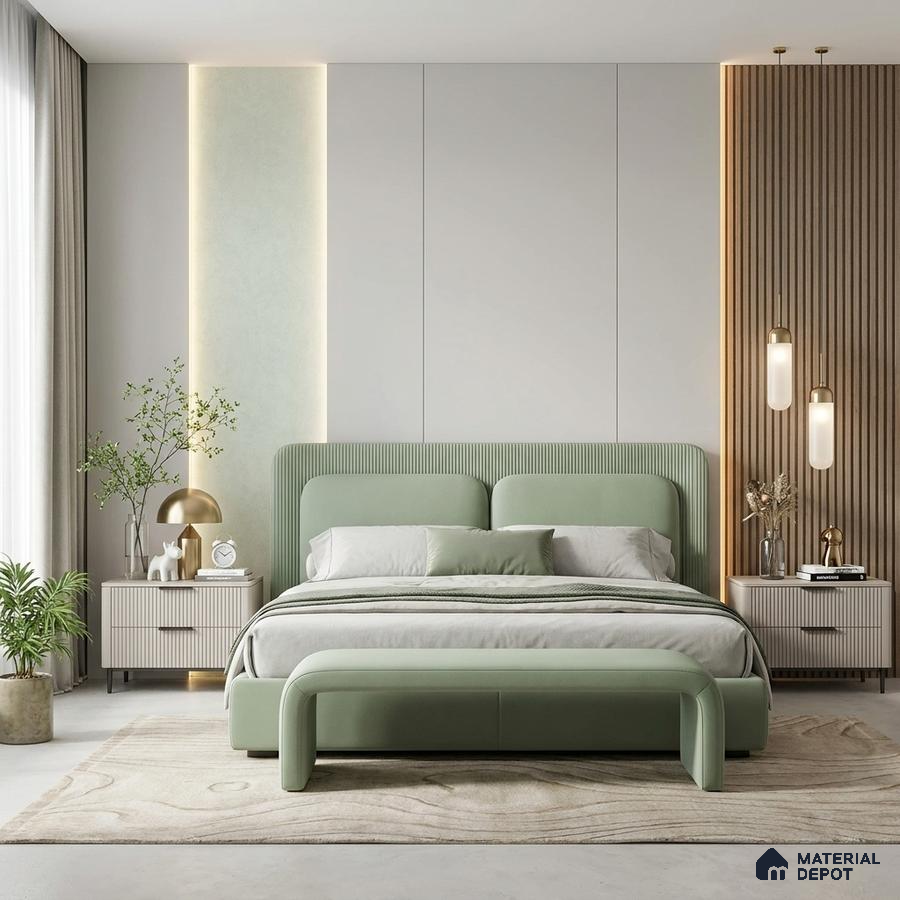 Japandi bedroom with sage green suede upholstered bed, fluted wood panel, and neutral wall panels