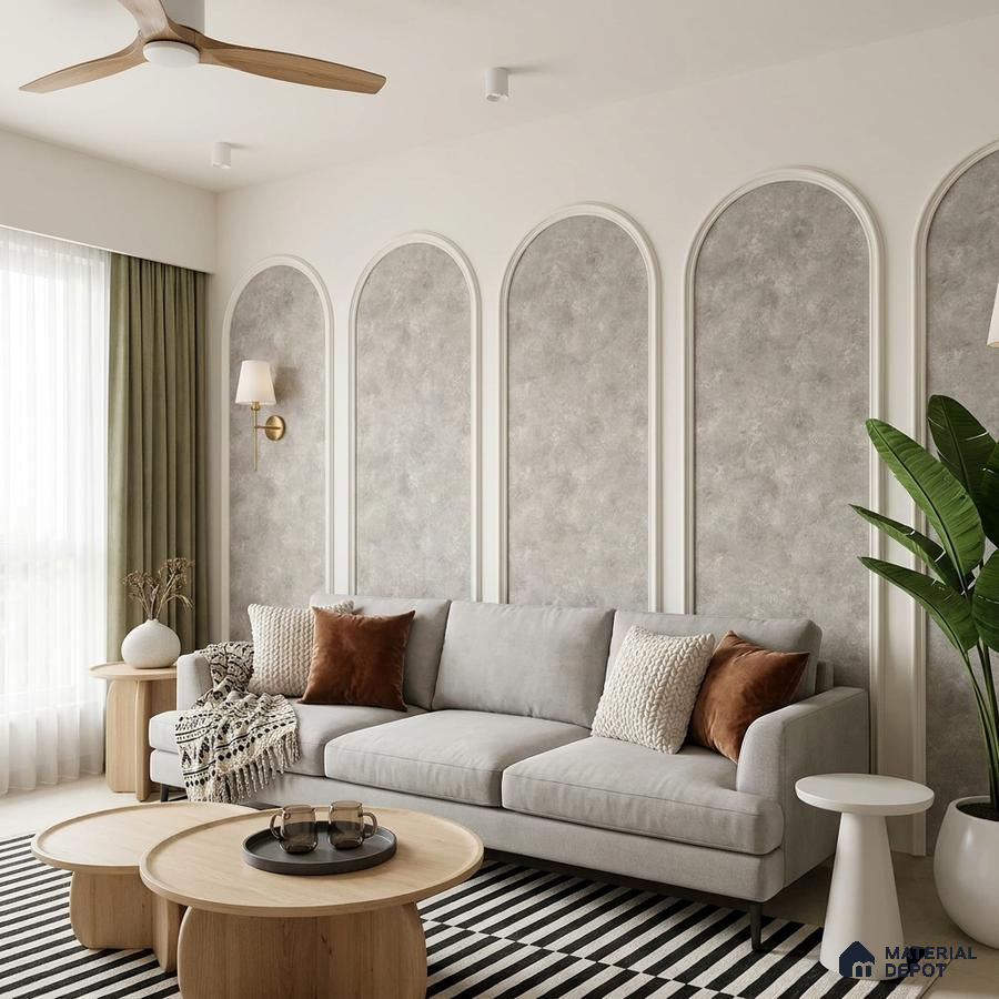 Scandinavian living room with textured grey wall panels and light oak coffee tables