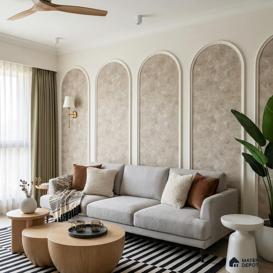 Scandinavian living room with textured beige wallpaper panels and light oak coffee tables