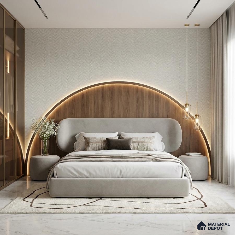 Modern bedroom with suede upholstered bed, walnut wood accent headboard, and marble floor tile