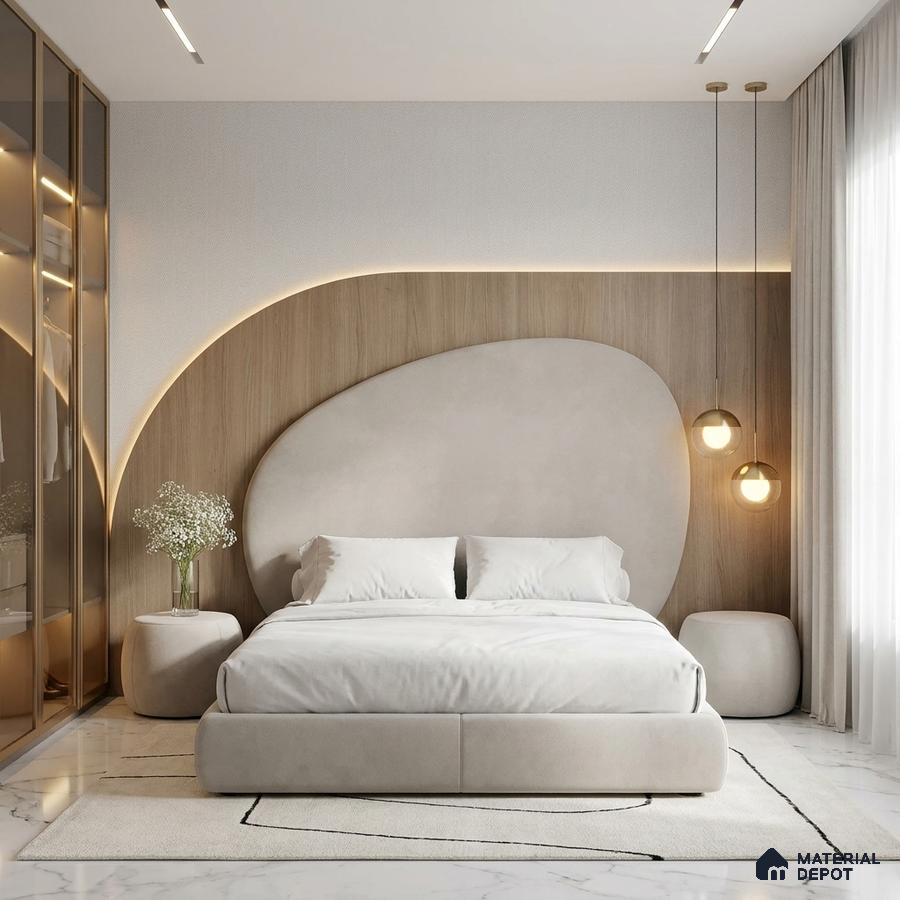 Minimalist bedroom with suede upholstered bed, light wood panel accent wall, and white marble floor tile