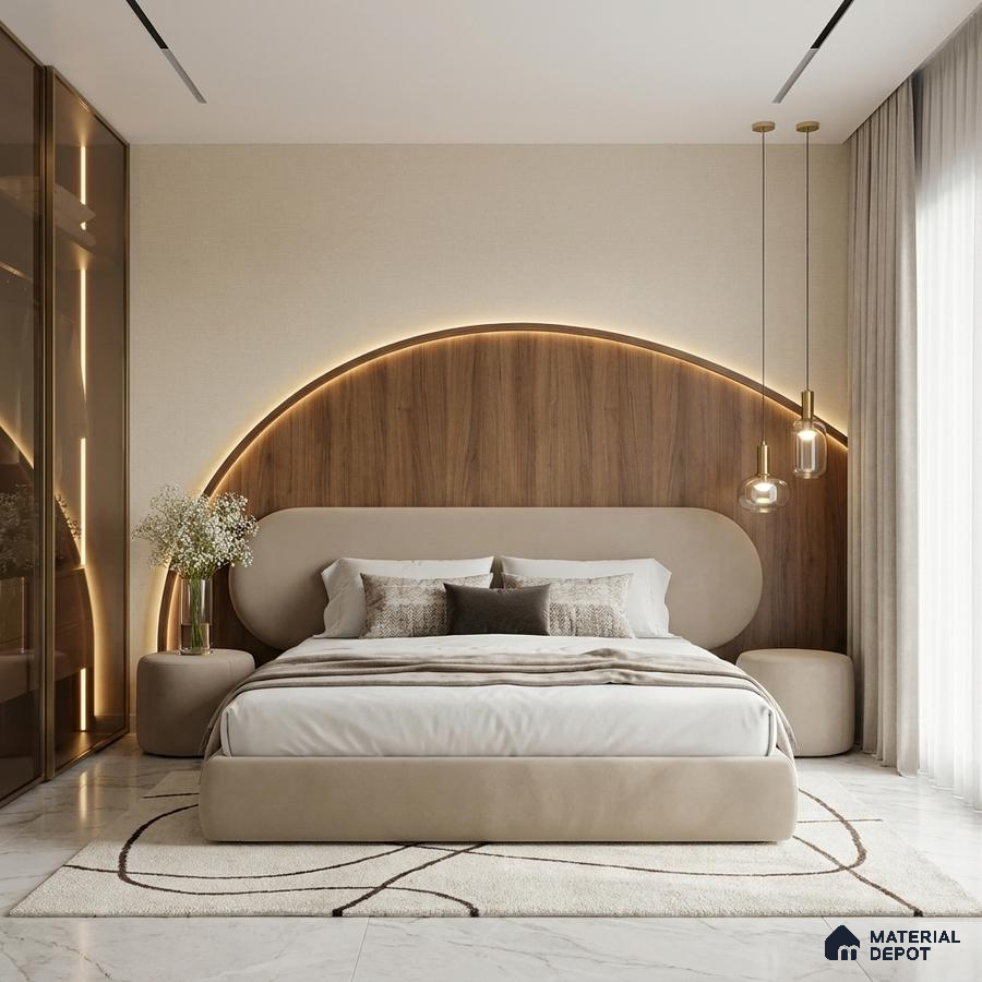 Modern bedroom with walnut wood panel headboard, beige suede upholstered bed, and marble floor tiles