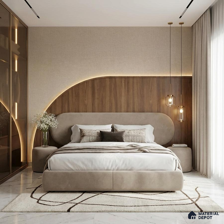 Modern bedroom with walnut wood panel headboard, beige suede upholstered bed, and marble floor tile