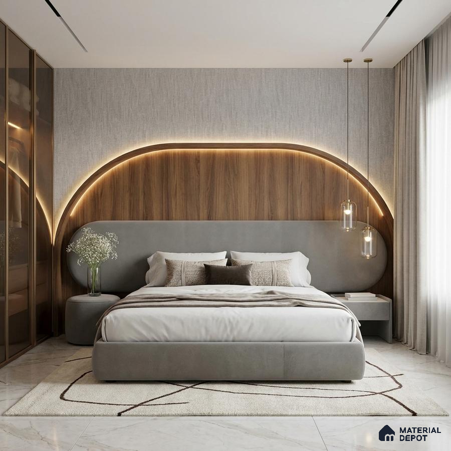 Modern bedroom with walnut wood panel headboard, grey suede upholstered bed, and marble floor tiles