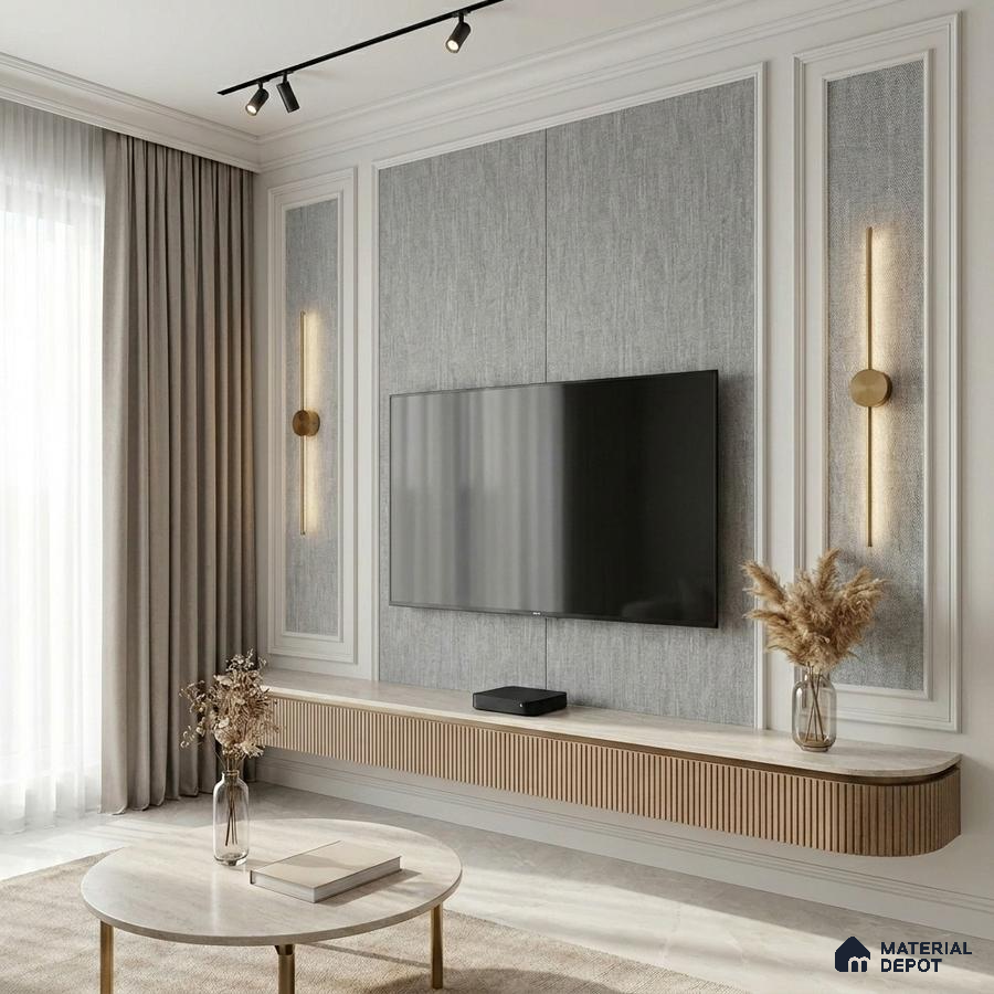 Modern living room with grey textured wall panels, fluted wood laminate TV unit, and marble top coffee table