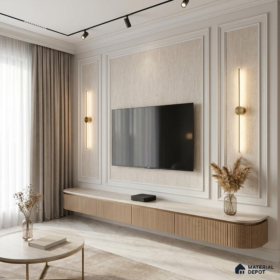 Modern living room with fluted wood laminate TV unit and beige textured wall panels