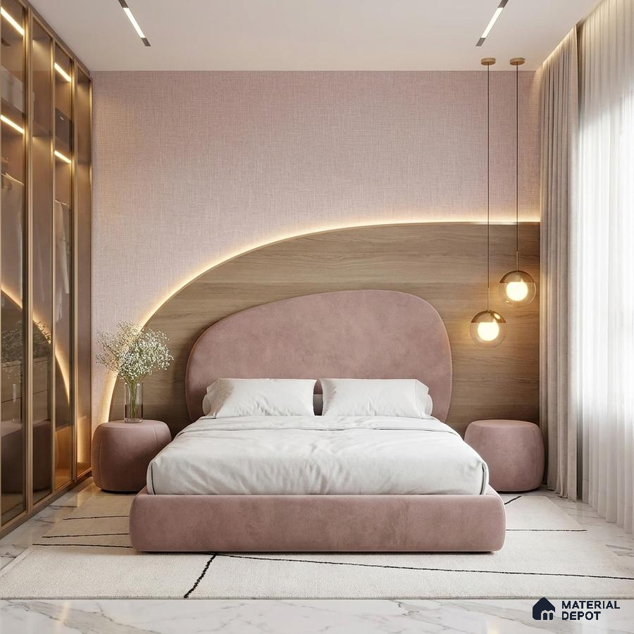 Minimalist bedroom with blush pink suede bed, light oak laminate headboard, and marble floor tile