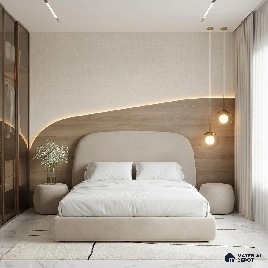 Minimalist bedroom with beige suede upholstered bed, light wood panel accent wall, and white marble floor tile