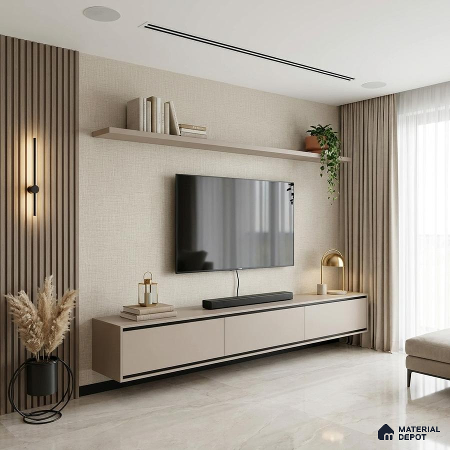 Modern living room with beige matte laminate TV unit, wooden fluted wall panels, and marble floor tiles