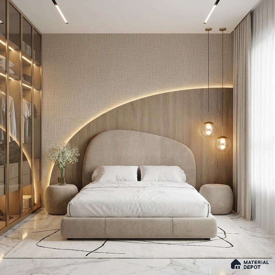 Minimalist bedroom with beige suede upholstered bed, light wood panel accent wall, and white marble flooring