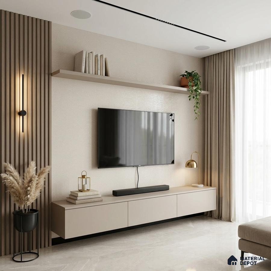 Modern living room with beige matte laminate TV unit, vertical wood louvers, and marble floor tile