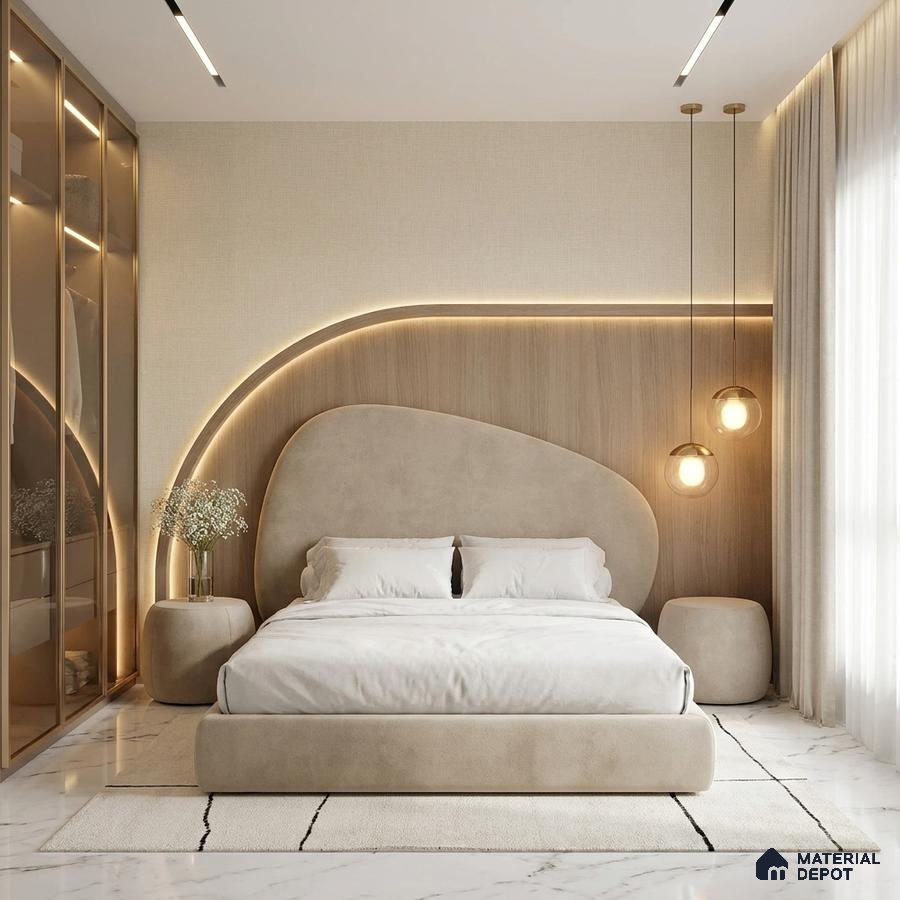 Minimalist bedroom with suede upholstered bed, light wood panel headboard, and white marble floor tile