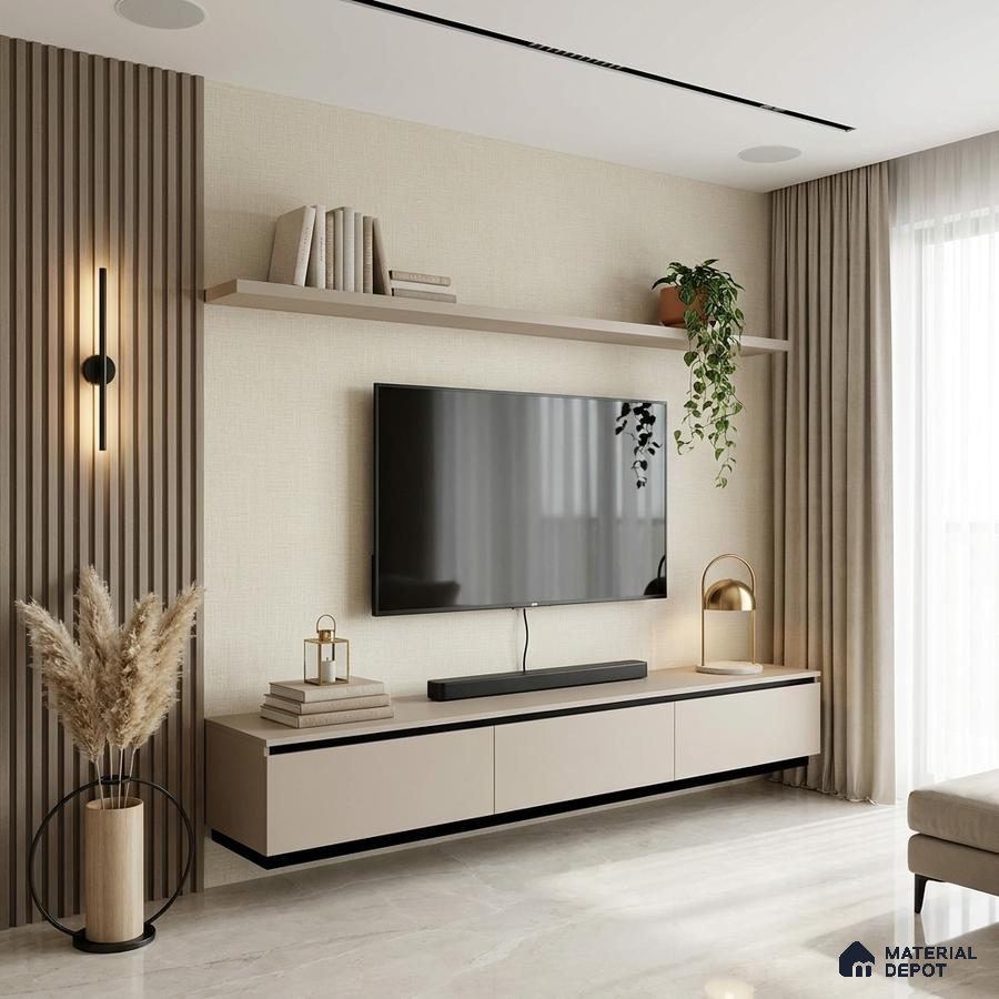 Modern TV unit with beige matte laminate, fluted wood panels, and marble look floor tile