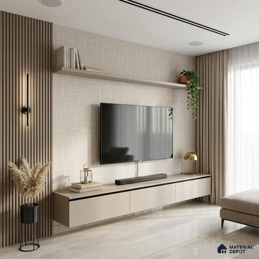 Modern TV unit with beige matte laminate, wooden fluted panels, and marble look floor tile