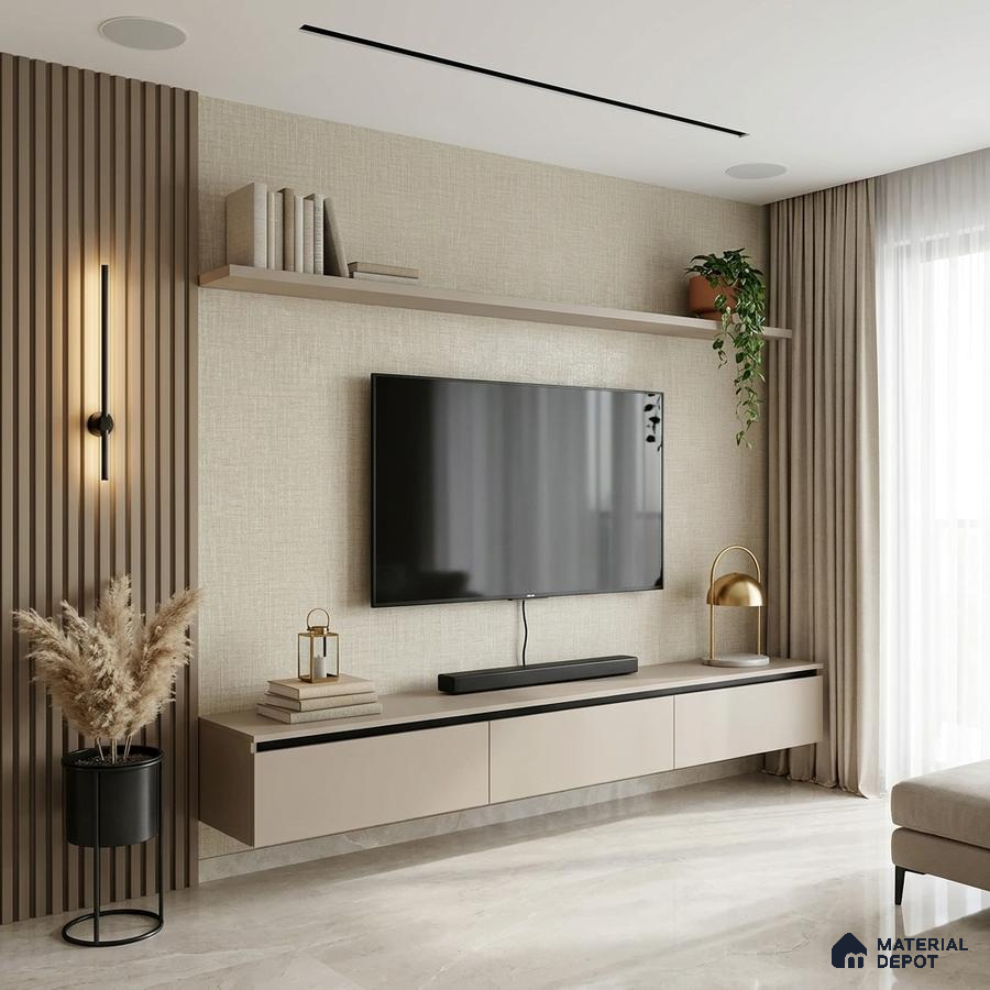Minimalist TV unit with beige matte laminate, taupe fluted wall panels, and marble floor tile