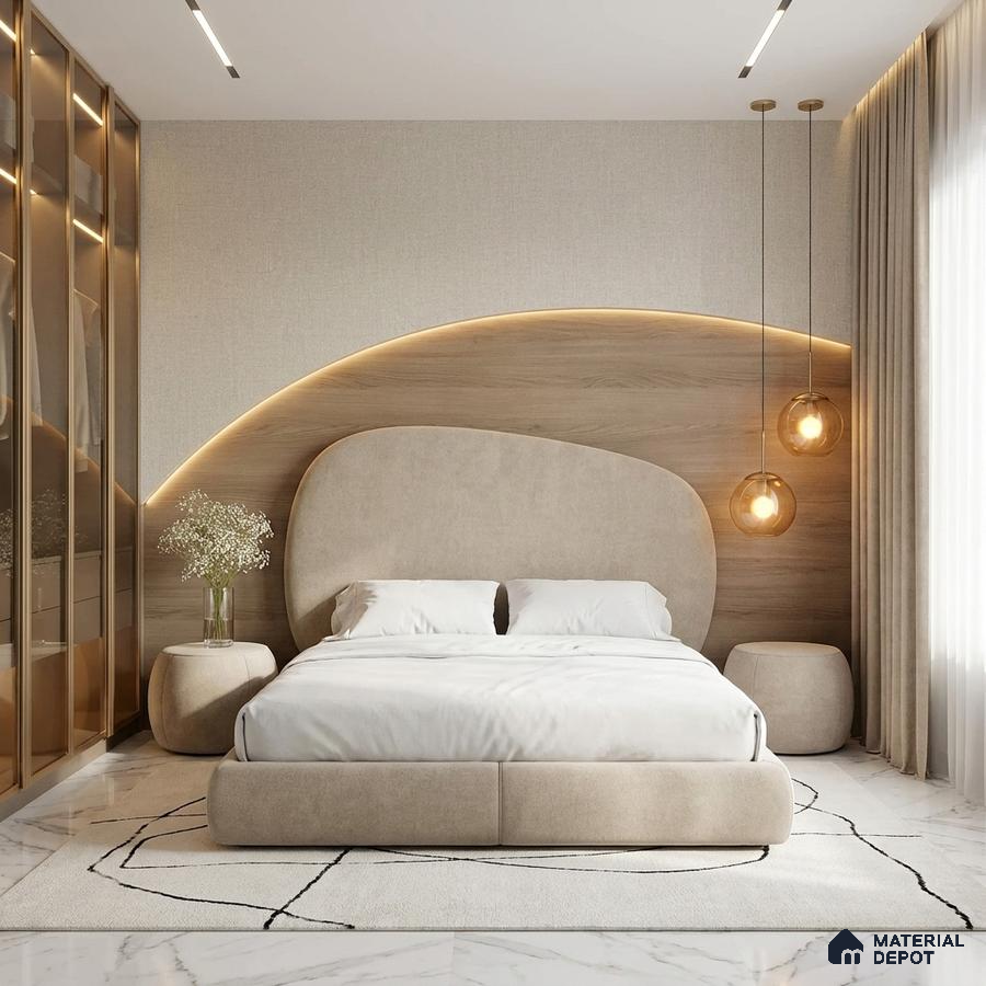 Minimalist bedroom with beige suede upholstered bed, light oak wood panel accent wall, and white marble floor tile