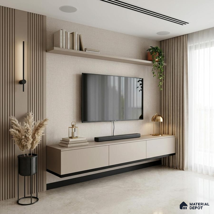 Modern TV unit with beige matte laminate, vertical fluted wall panels, and marble floor tile