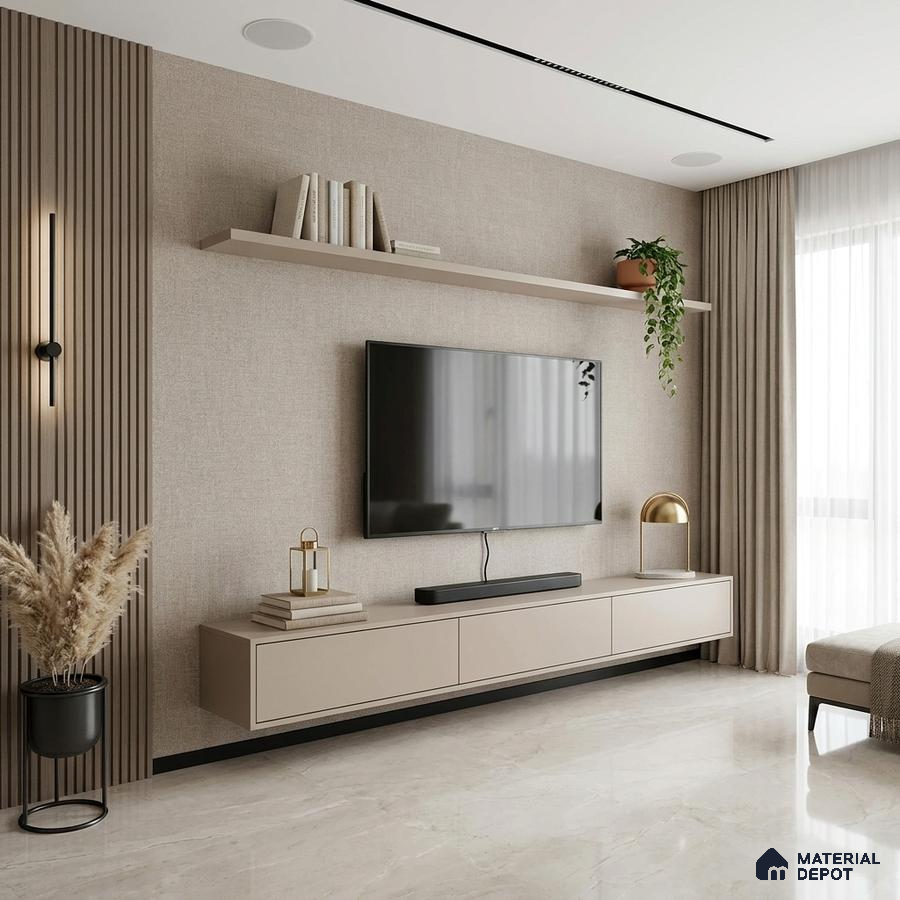 Minimalist living room with beige matte laminate TV unit, fabric wallpaper, and marble floor tile