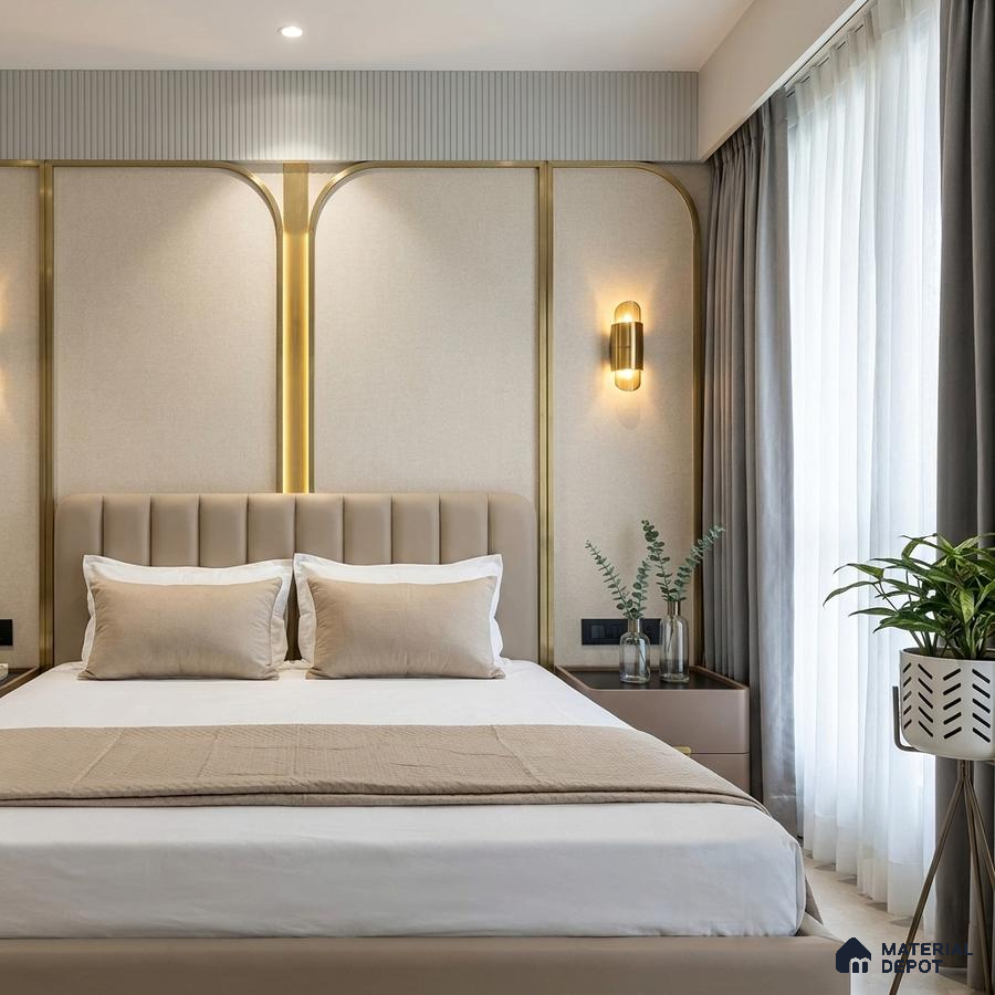 Modern bedroom with beige suede upholstered bed, fabric wall panels, and gold accent trims
