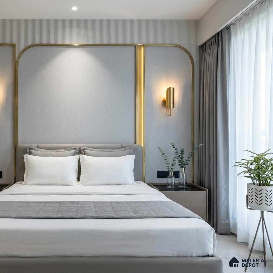 Modern bedroom with grey fabric wall panels, gold accent profiles, and neutral palette
