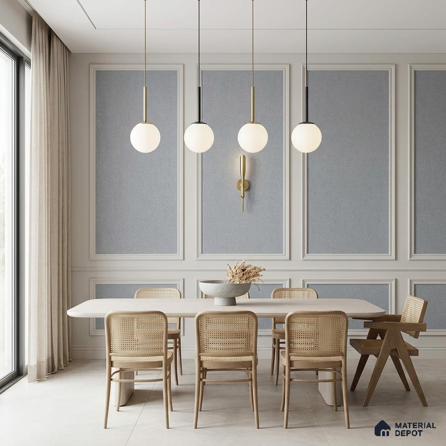Scandinavian dining room with light wood cane chairs and fabric wall panels