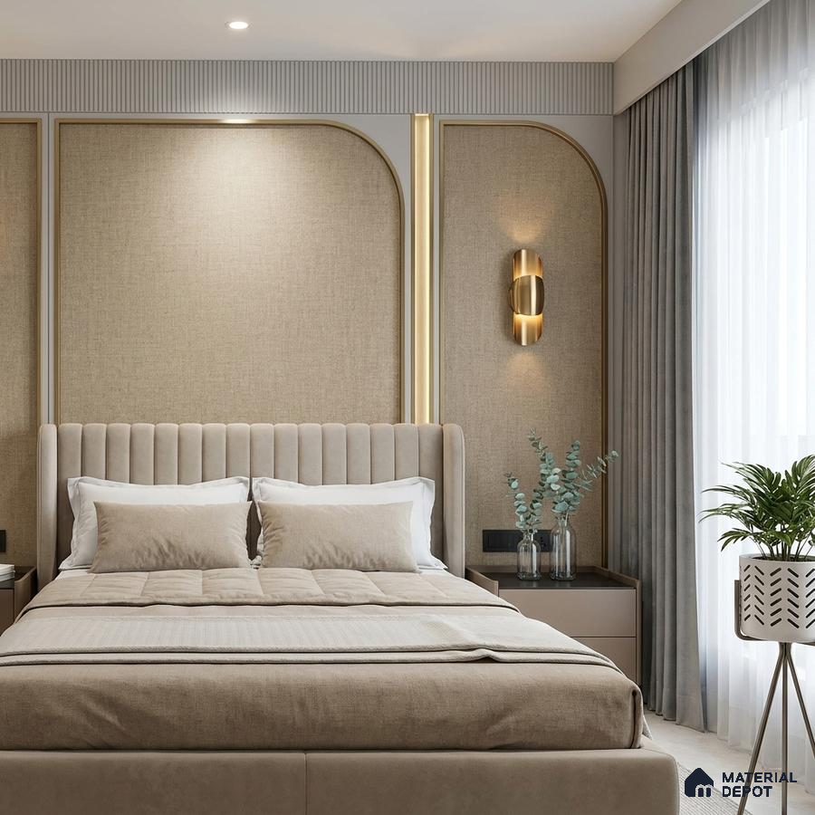 Modern bedroom with beige fabric wall panels and suede upholstered bed