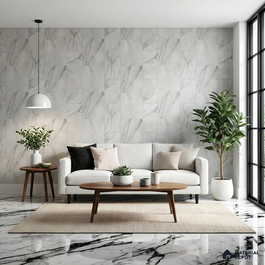 Modern living room with white marble wall tiles and black vein marble floor tiles