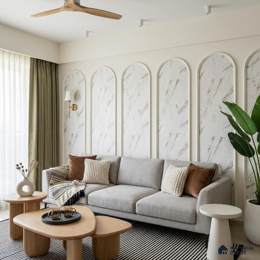Scandinavian living room with marble-look wall panels and light oak coffee tables