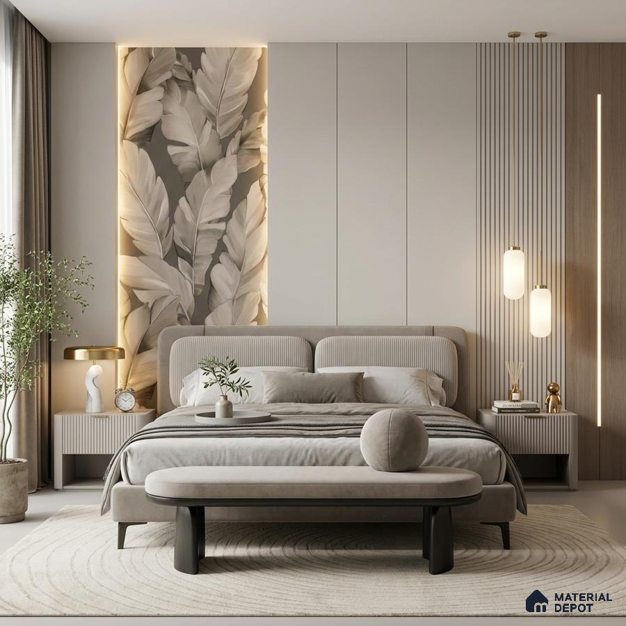 Japandi bedroom with suede upholstered bed, neutral floral wallpaper, and fluted wood wall panels