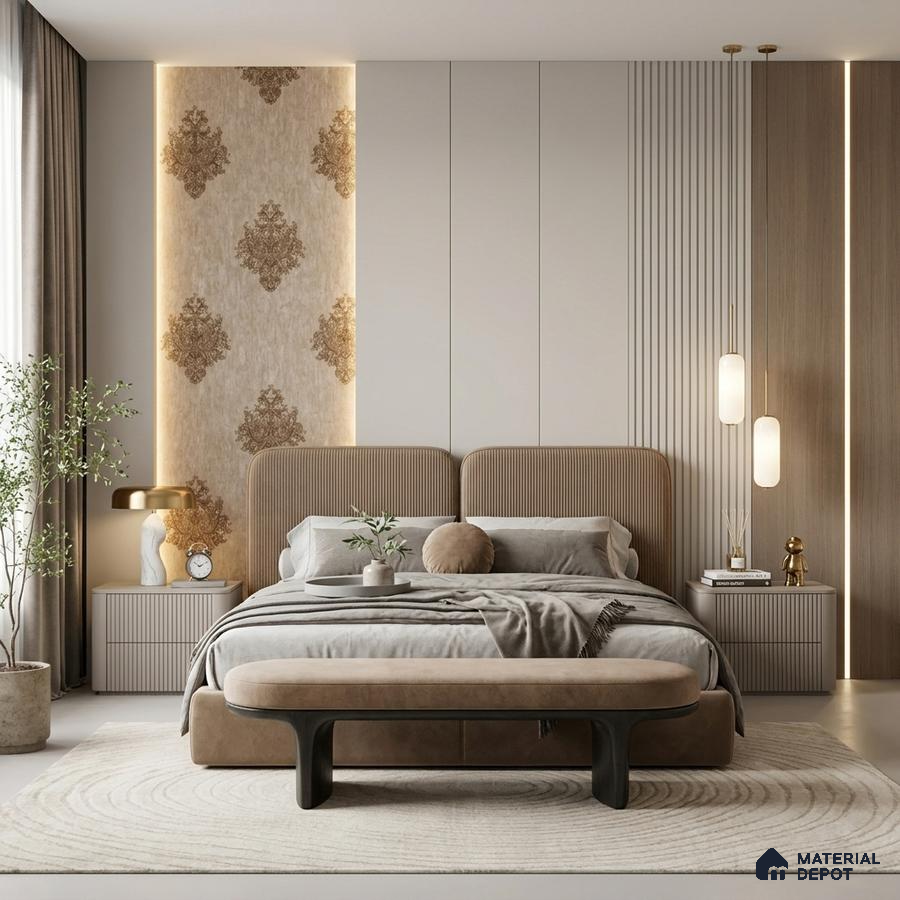 Modern bedroom with beige damask wallpaper, fluted panels, and taupe suede upholstered bed