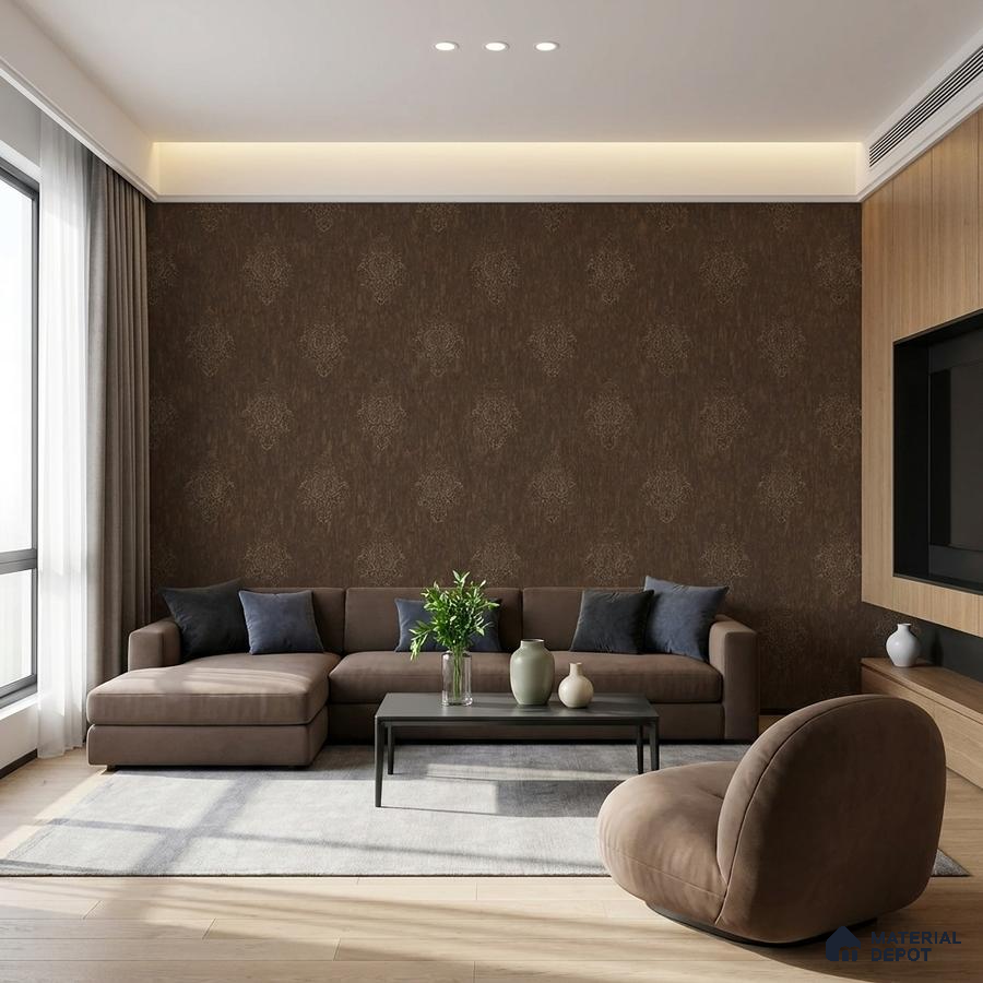 Modern living room with brown damask wallpaper, taupe suede sofa, and light oak wooden flooring