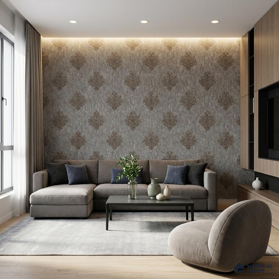 Modern living room with damask patterned wallpaper, taupe suede sofa, and light oak wooden flooring