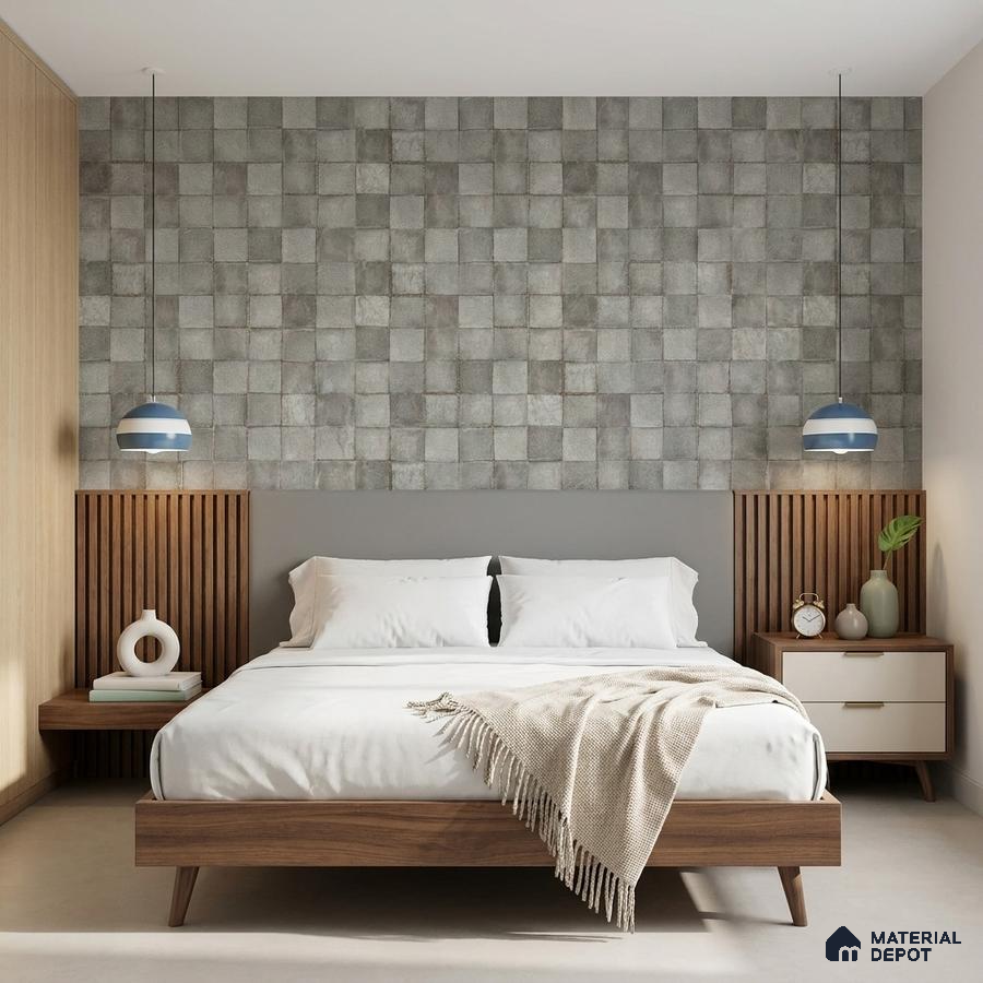 Mid-century modern bedroom with grey textured wall tiles and walnut wood furniture