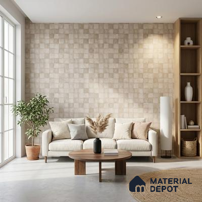 Scandinavian living room with beige textured wall tiles and natural oak wood accents