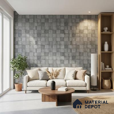 Scandinavian living room with grey textured wall tiles and natural wood accents