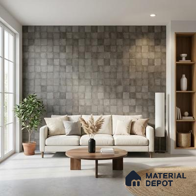 Scandinavian living room with grey textured wall tiles and natural wood accents