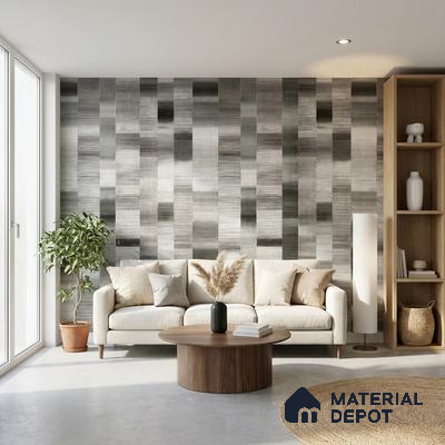 Scandinavian living room with geometric grey wallpaper and natural wood accents