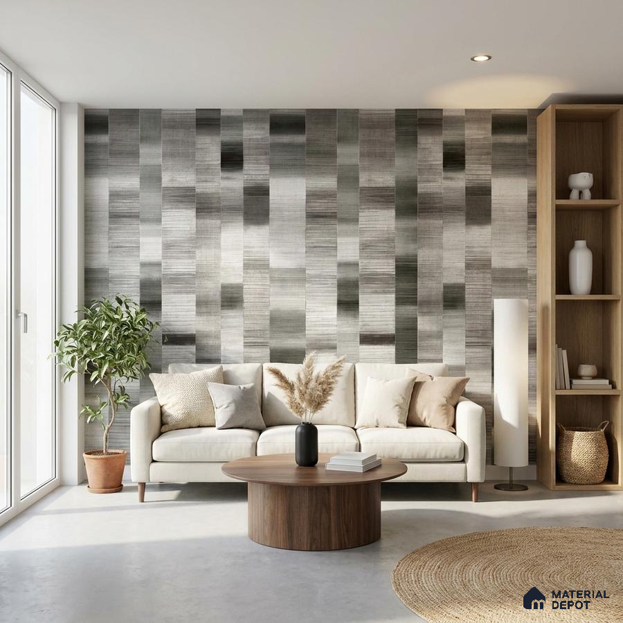 Scandinavian living room with geometric grey wallpaper and natural wood accents