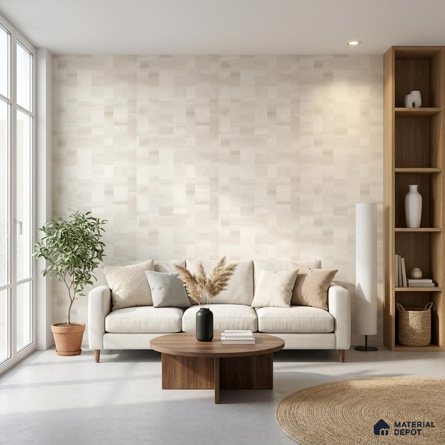 Scandinavian living room with beige textured wallpaper, oak wood shelving, and neutral fabric sofa