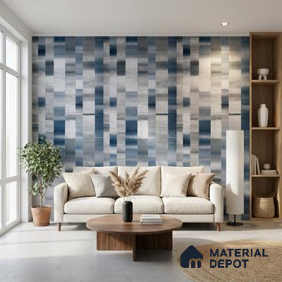 Scandinavian living room with blue geometric patterned wallpaper and light wood accents