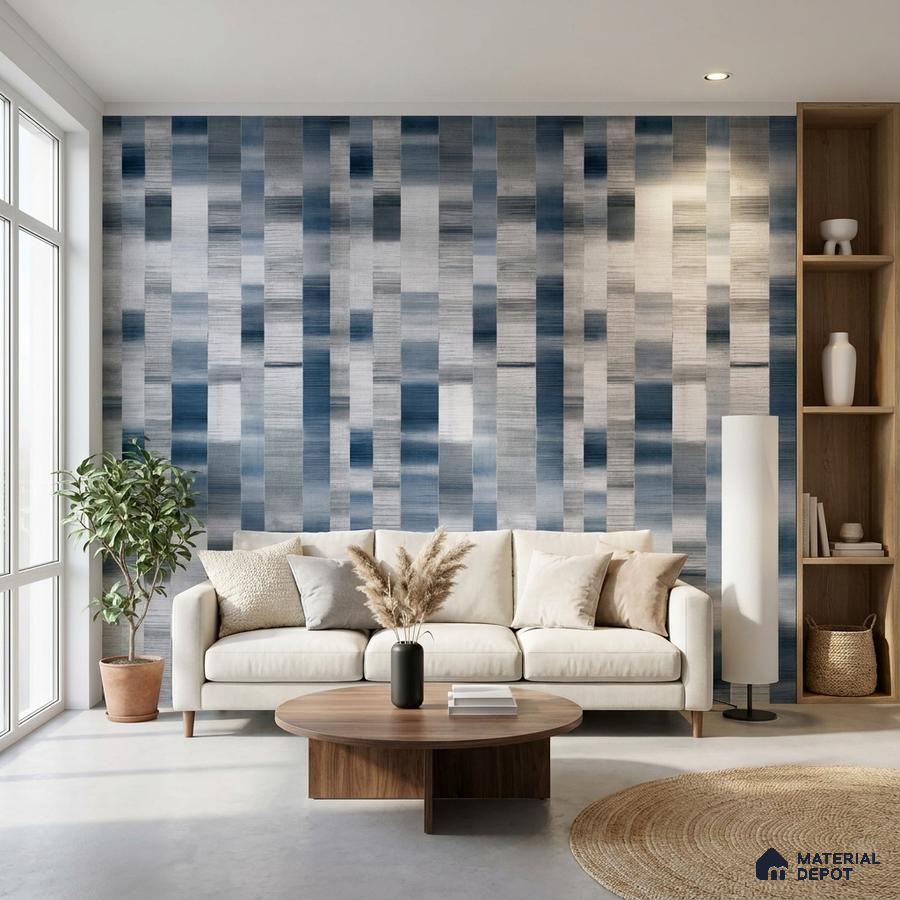 Scandinavian living room with blue geometric patterned wallpaper and light wood accents