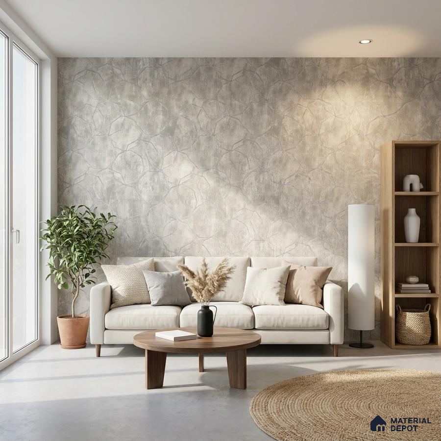 Scandinavian living room with textured geometric wallpaper and light oak wood furniture