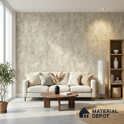 Scandinavian living room with textured beige wallpaper and natural wood accents