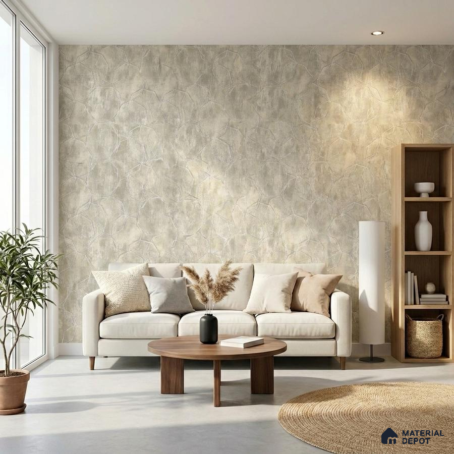 Scandinavian living room with textured beige wallpaper and natural wood accents