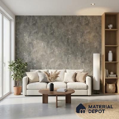Scandinavian living room with textured stone-look accent wall and light wood shelving