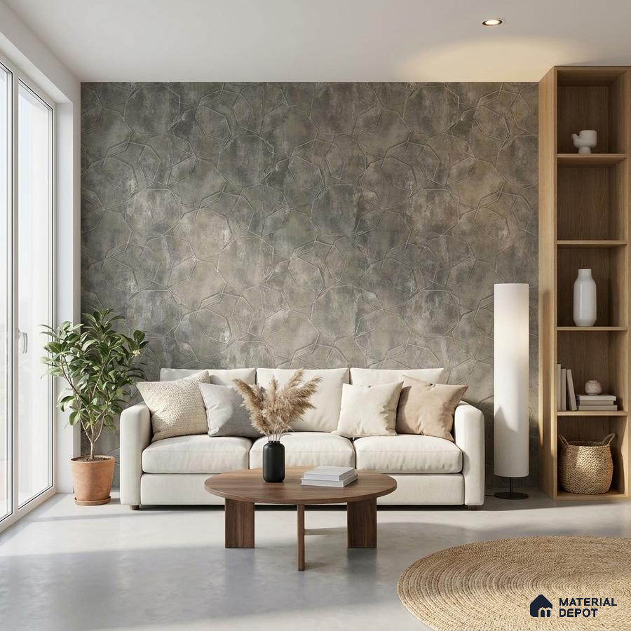 Scandinavian living room with textured stone-look accent wall and light wood shelving