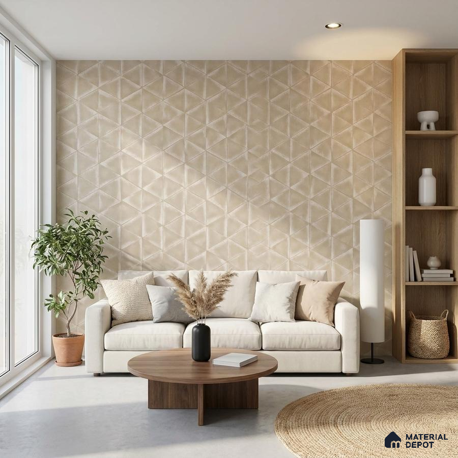 Scandinavian living room with beige geometric wallpaper, light wood shelving, and neutral fabric sofa
