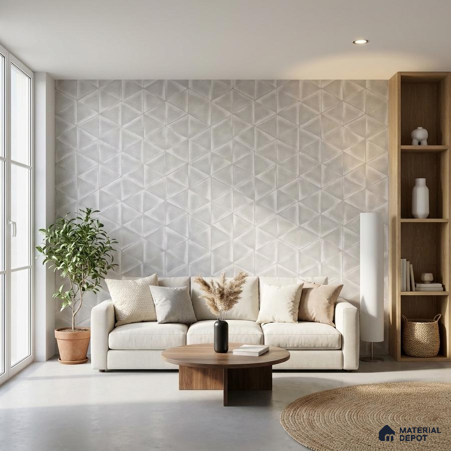 Scandinavian living room with geometric 3D wall panels and light wood shelving